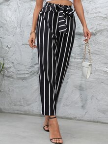 Striped Wide Leg Belted Trousers - Black and White - View 6