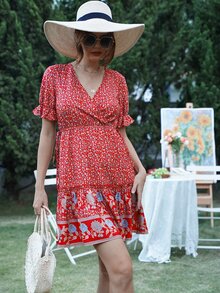 印花荷葉袖褶邊洋裝 - 紅色 - 查看 6