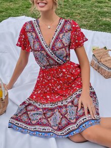 印花蝴蝶袖連衣裙 - 彩色 - 查看 1