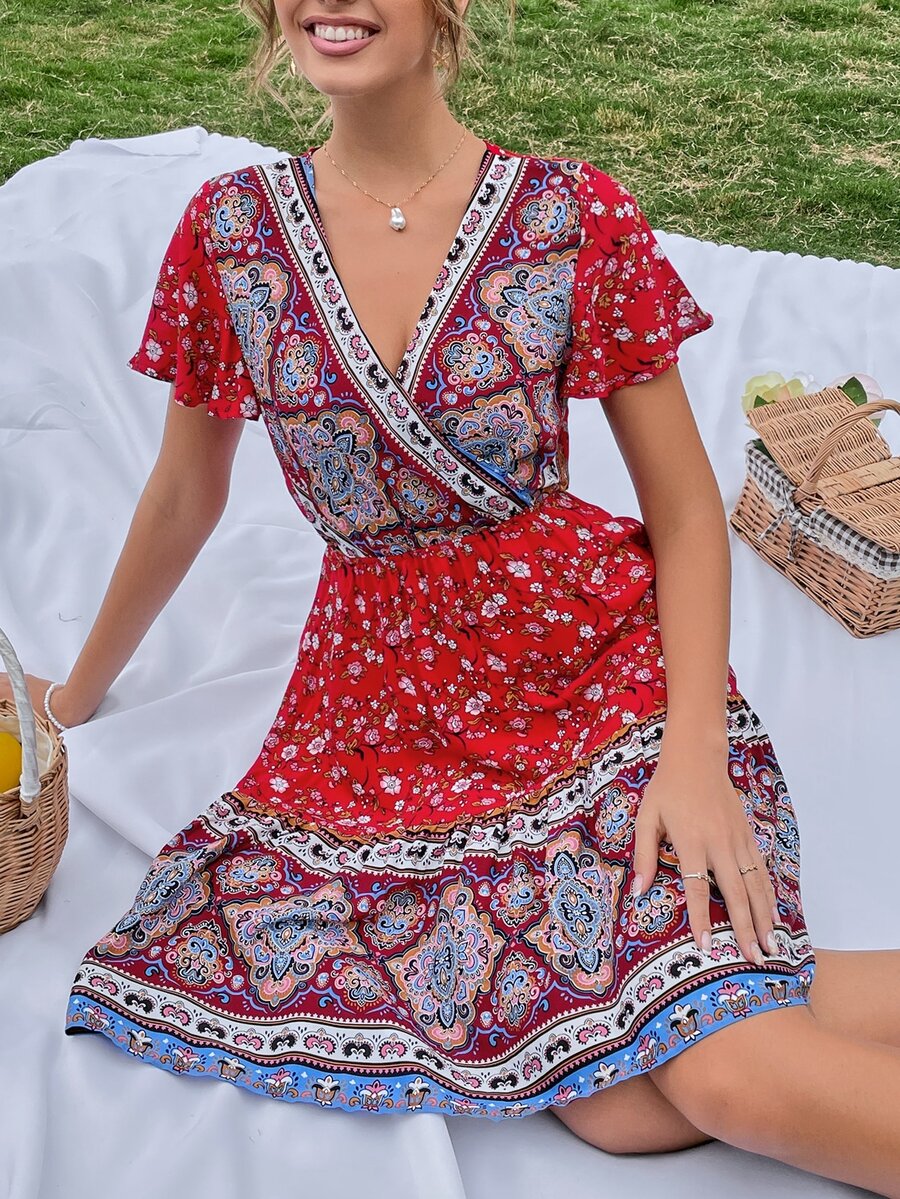 印花蝴蝶袖連衣裙 - 彩色 - 查看 1