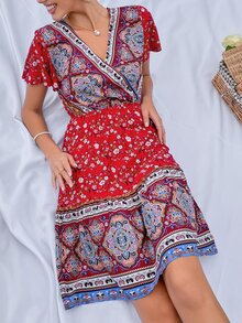 印花蝴蝶袖連衣裙 - 彩色 - 查看 3