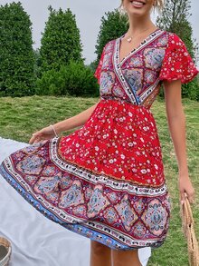 印花蝴蝶袖連衣裙 - 彩色 - 查看 4