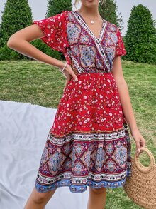 印花蝴蝶袖連衣裙 - 彩色 - 查看 6