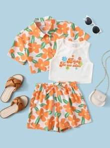 SHEIN Girls Slogan Graphic Rib Knit Tank Top & Floral Print Button Front Blouse & Shorts - Multicolor - View 1