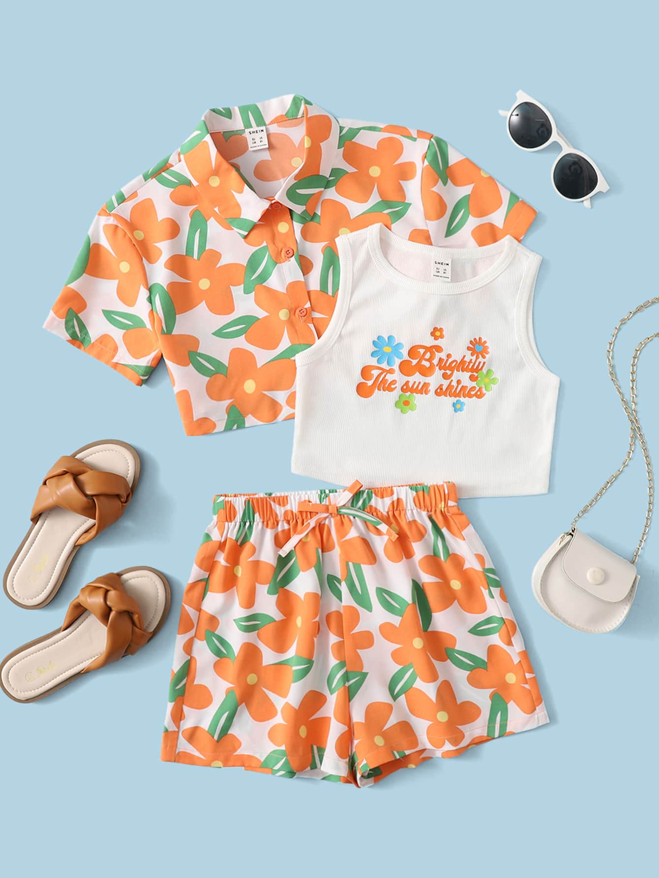 SHEIN Girls Slogan Graphic Rib Knit Tank Top & Floral Print Button Front Blouse & Shorts - Multicolor - View 1