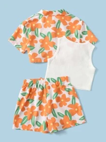 SHEIN Girls Slogan Graphic Rib Knit Tank Top & Floral Print Button Front Blouse & Shorts - Multicolor - View 2