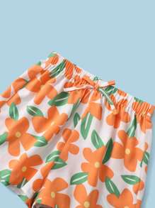 SHEIN Girls Slogan Graphic Rib Knit Tank Top & Floral Print Button Front Blouse & Shorts - Multicolor - View 3