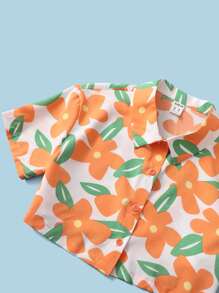 SHEIN Girls Slogan Graphic Rib Knit Tank Top & Floral Print Button Front Blouse & Shorts - Multicolor - View 5