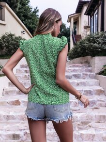 碎花荷葉邊繫帶領襯衫 - 綠色 - 查看 2