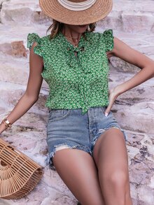 碎花荷葉邊繫帶領襯衫 - 綠色 - 查看 6