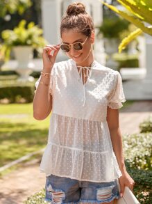 素色圓點繫帶領泡泡袖荷葉邊下擺襯衫 - 白色 - 查看 5