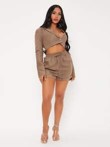 SHEIN SXY Solid Single Button Crop Blazer - Mocha Brown - View 3