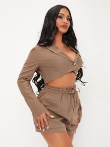 SHEIN SXY Solid Single Button Crop Blazer - Mocha Brown - View 4