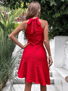 素色紋理質感荷葉邊掛脖洋裝 - 紅色 - 查看 2