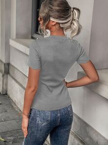 Camiseta con cuenta de perla tejido de canalé de cuello redondo - Gris - Ver 2