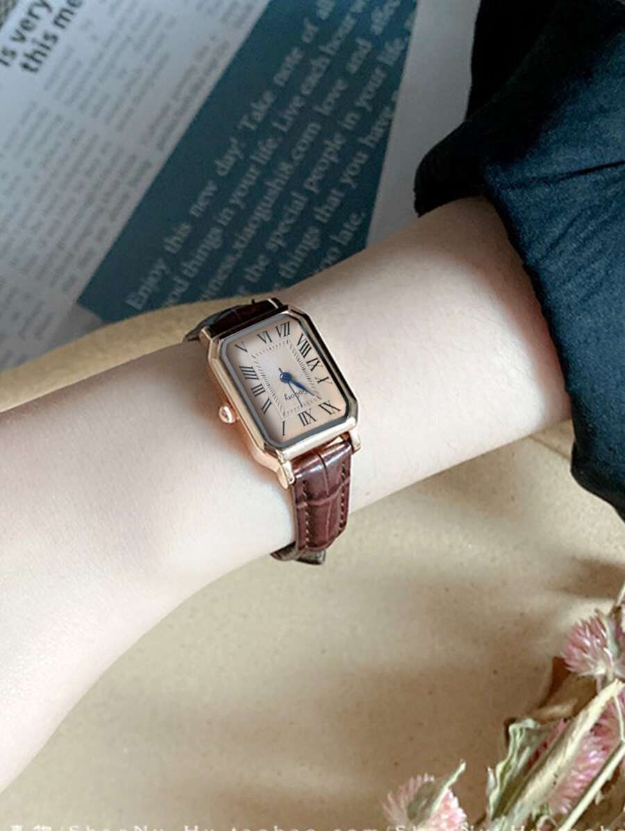 1pc Women's Elegant Fashion Roman Numeral Dial Bamboo Pattern Leather Band Watch, Suitable For Daily Matching, Birthday, Women's Gift, Anniversary, Singles' Day, Halloween Promotion, No Gift Box - Brown - View 1
