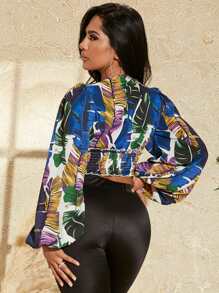 SHEIN SXY 熱帶圖案抽褶邊上衣 - 彩色 - 查看 2