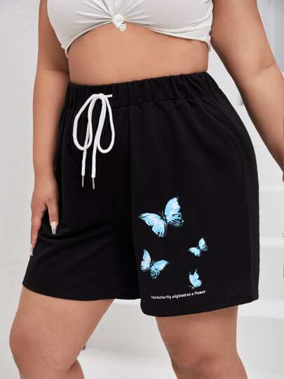 مقاس كبير شورت رياضي بجرافيك شعار وفراشة رباط خصر