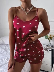 Heart Print Satin PJ Set - Rose Red - View 1