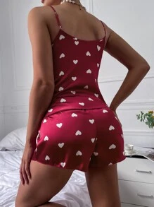 Heart Print Satin PJ Set - Rose Red - View 2
