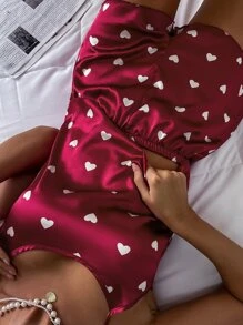 Heart Print Satin PJ Set - Rose Red - View 4