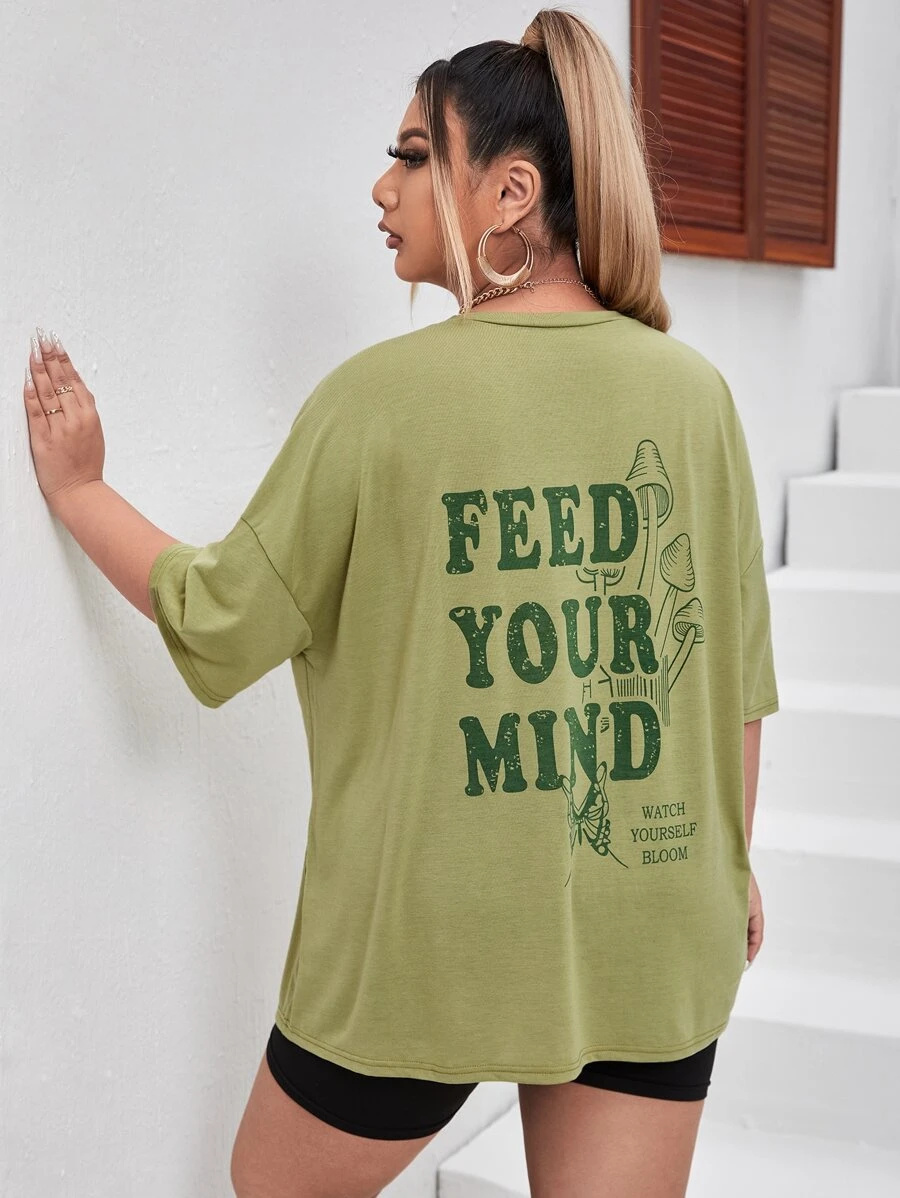Flirla Plus Butterfly & Slogan Graphic Tee - Olive Green - View 1