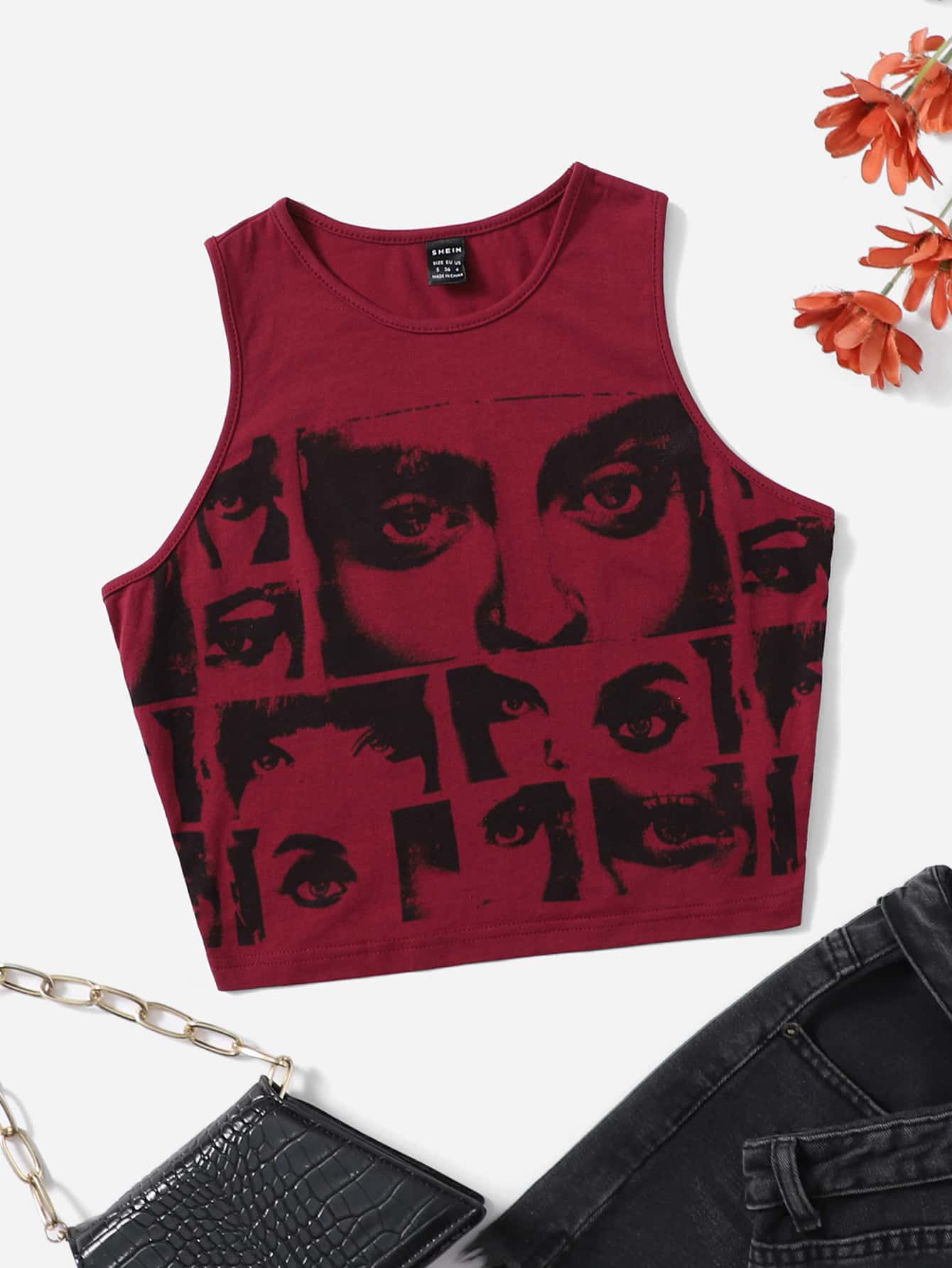 SHEIN ICON Crop Tank Top 90s Đồ họa Hình - Màu Đỏ Sâu - Xem 1