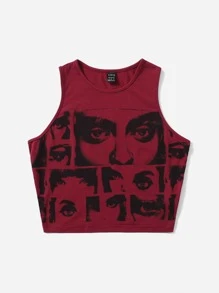 SHEIN ICON Crop Tank Top 90s Đồ họa Hình - Màu Đỏ Sâu - Xem 3