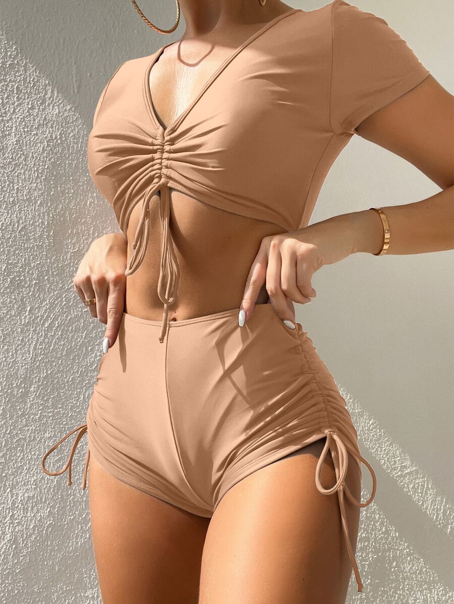 Plain Drawstring Bikini For Summer Beach - Apricot - View 1