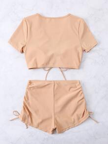 Plain Drawstring Bikini For Summer Beach - Apricot - View 2