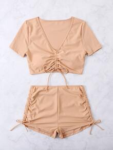 Plain Drawstring Bikini For Summer Beach - Apricot - View 3