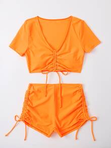 Plain Drawstring Bikini For Summer Beach - Orange - View 3
