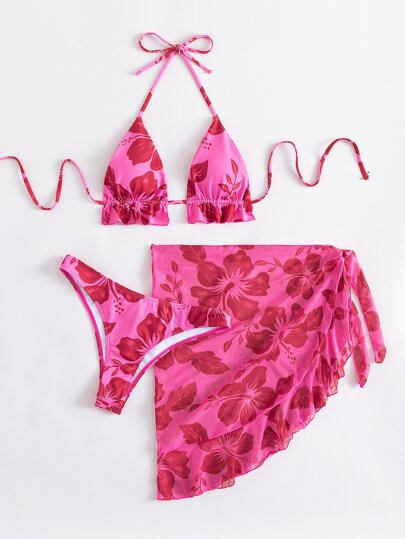 Sweetra Summer Beach Floral Print Bikini Set Halter Bra & Hipster Bottom & Beach Skirt 3 Piece Bathing Suit