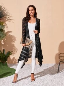 SHEIN Kimono transparente bajo asimétrico con encaje - Negro - Ver 1