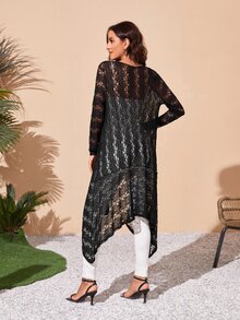 SHEIN Kimono transparente bajo asimétrico con encaje - Negro - Ver 2