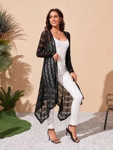 SHEIN Kimono transparente bajo asimétrico con encaje - Negro - Ver 4