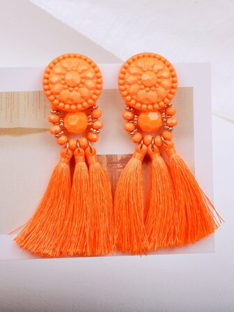 Bead Decor Tassel Drop Earrings