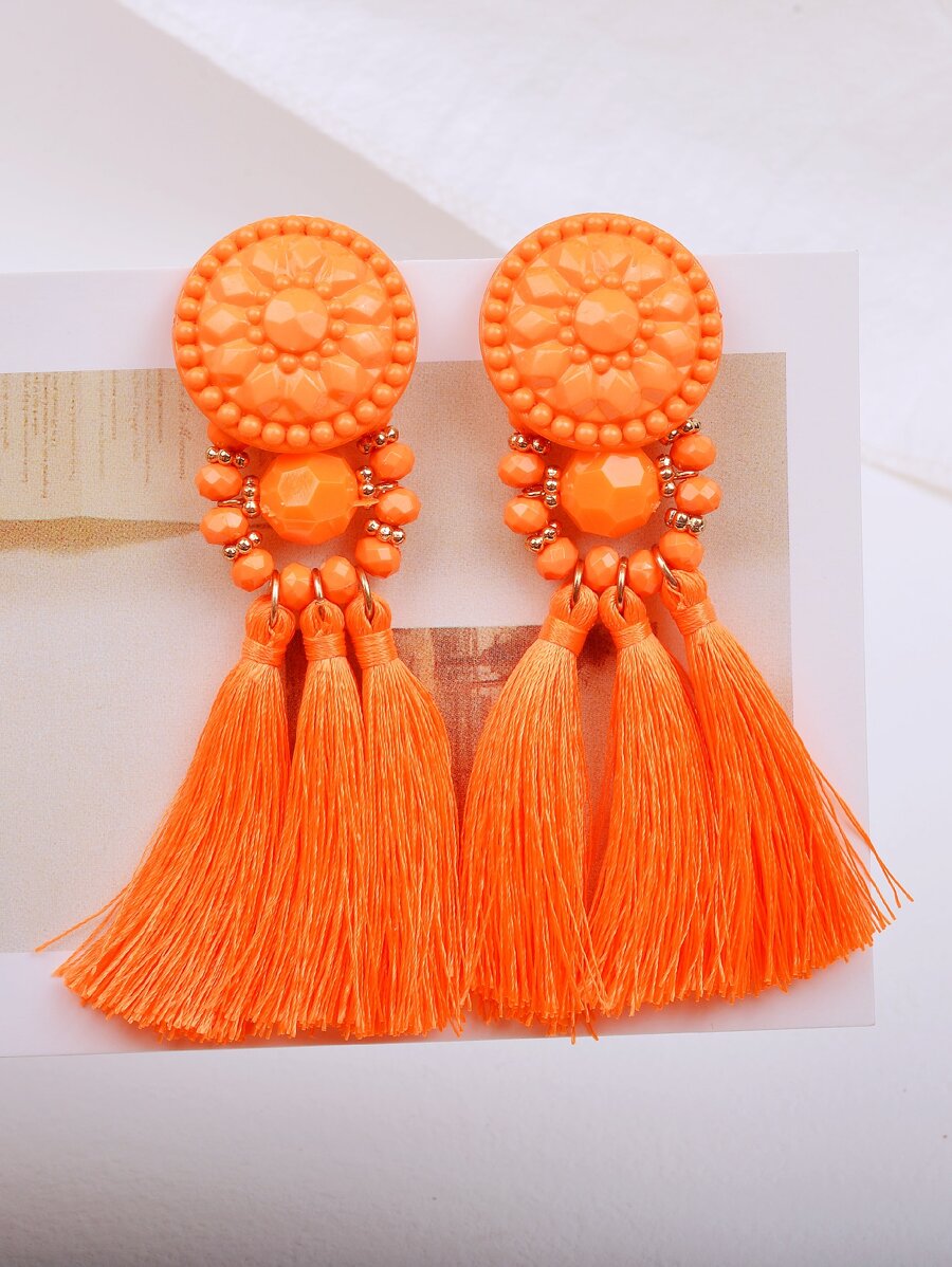 Pendientes largos con diseño de cuenta con fleco - Naranja - Ver 1
