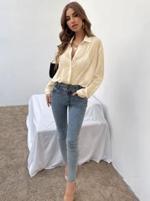 SHEIN Essnce Drop Shoulder Sheer Shirt Without Bra - Apricot - View 3