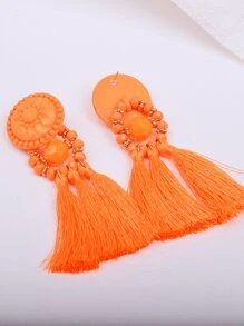 Pendientes largos con diseño de cuenta con fleco - Naranja - Ver 3