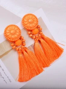 Pendientes largos con diseño de cuenta con fleco - Naranja - Ver 4
