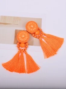 Pendientes largos con diseño de cuenta con fleco - Naranja - Ver 6