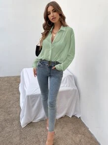 SHEIN Essnce Drop Shoulder Sheer Shirt Without Bra - Mint Green - View 6