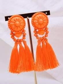 Pendientes largos con diseño de cuenta con fleco - Naranja - Ver 7