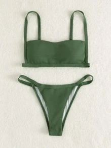 Plain Thong Bikini For Summer Beach - Army Green - View 1