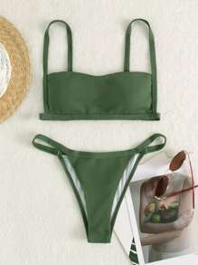 Plain Thong Bikini For Summer Beach - Army Green - View 3