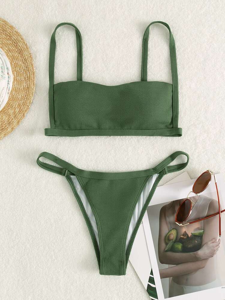 Bikini tanga simple para la playa en verano - Verde militar - Añade 3
