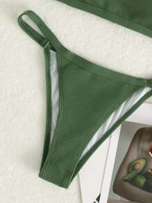 Plain Thong Bikini For Summer Beach - Army Green - View 5