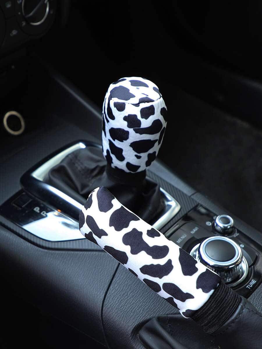 2 piezas Funda con estampado de vaca & engranaje - Blanco y Negro - Ver 1