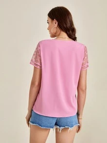SHEIN Clasi 波卡圓點鎖眼領口網紗拼接上衣 - 粉色 - 查看 2